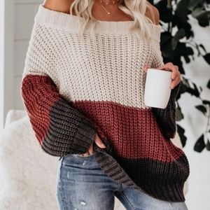 NWOT Vici Erica Off the Shoulder Colorblock Sweater, Maroon Navy Cream Sweater